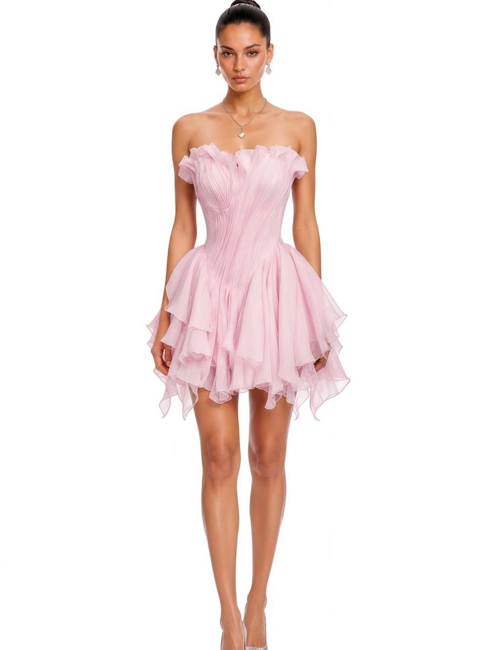 Strapless Light Pink Ruffled Mini Dress - Picture 6 of 7